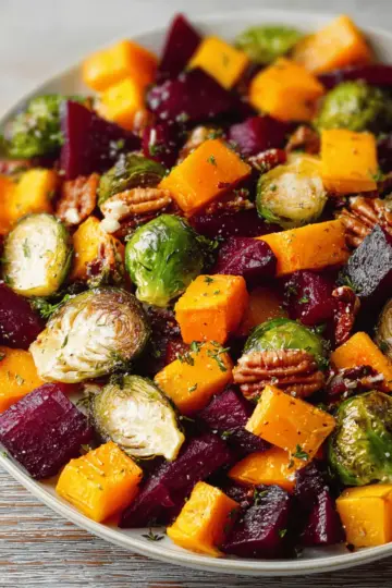 Winter Vegetable Salad with Butternut Squash, Brussels Sprouts, and Beets