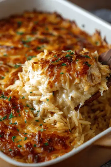 French Onion Chicken Orzo Casserole CategoriesRecipes