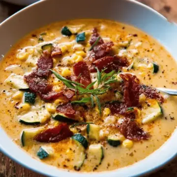 Creamy Corn, Zucchini, and Bacon Chowder.