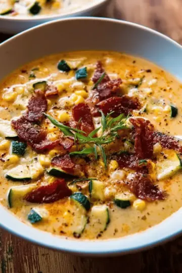 Creamy Corn, Zucchini, and Bacon Chowder.