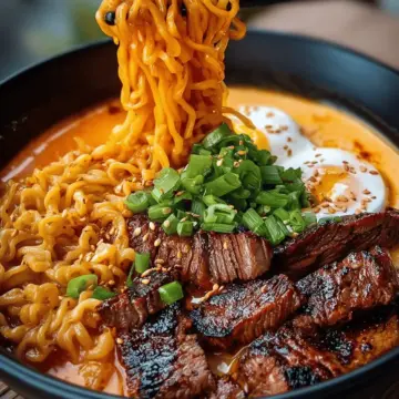 Spicy Korean Ramen with Grilled Beef & Creamy Sauce