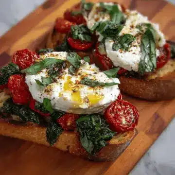 Bruschetta with roasted garlic, burrata and bruised basil
