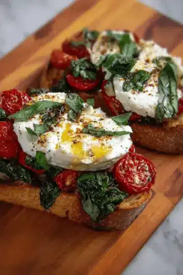 Bruschetta with roasted garlic, burrata and bruised basil