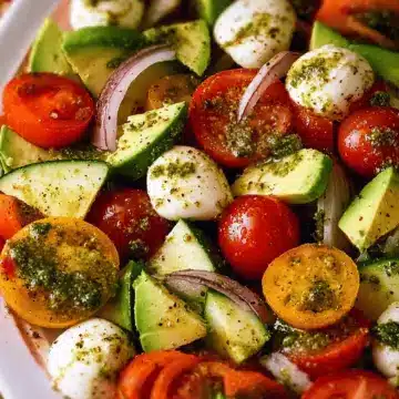 Tomato Cucumber Avocado Salad with Mozzarella and Basil Pesto