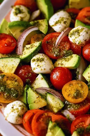 Tomato Cucumber Avocado Salad with Mozzarella and Basil Pesto