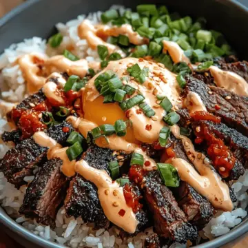 Korean BBQ Steak Rice Bowls with Spicy Cream Sauce