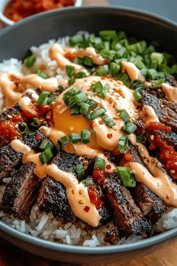 Korean BBQ Steak Rice Bowls with Spicy Cream Sauce
