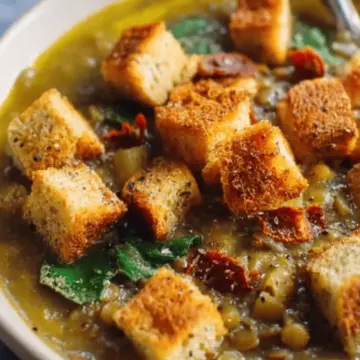 Lentil Potato Soup with Homemade Croutons