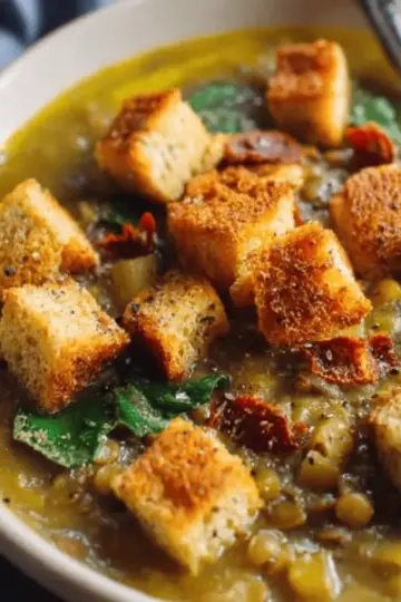 Lentil Potato Soup with Homemade Croutons