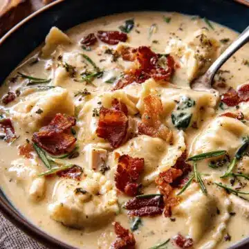 Creamy Pierogi Chicken Soup with Rosemary Bacon.
