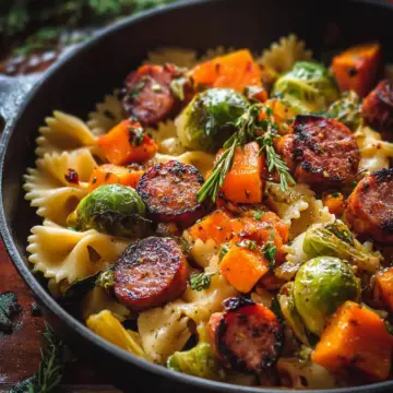 Autumn Dinner with Sausage, Pasta, Brussels Sprouts and Butternut Squash