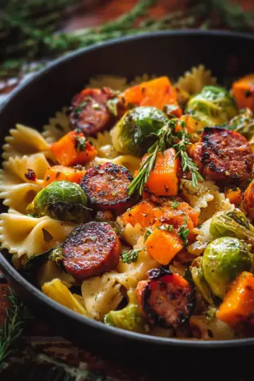 Autumn Dinner with Sausage, Pasta, Brussels Sprouts and Butternut Squash