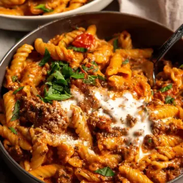 One pot creamy tomato beef pasta