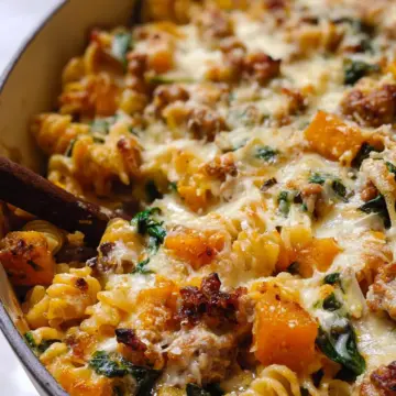 Baked Butternut Squash, Sausage and Spinach Pasta.