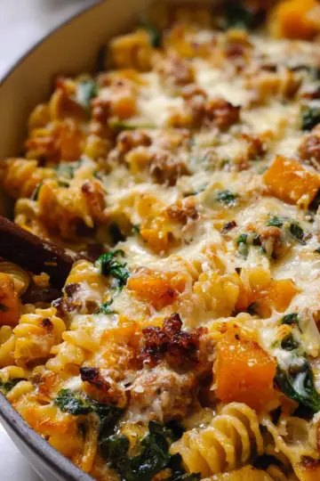 Baked Butternut Squash, Sausage and Spinach Pasta.
