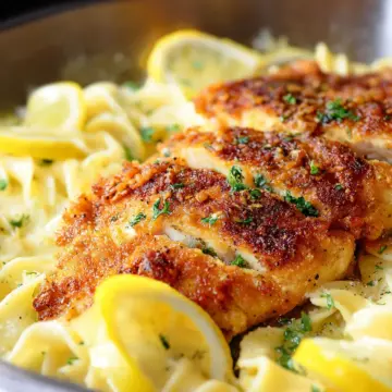 Romano Chicken with Lemon Garlic Pasta