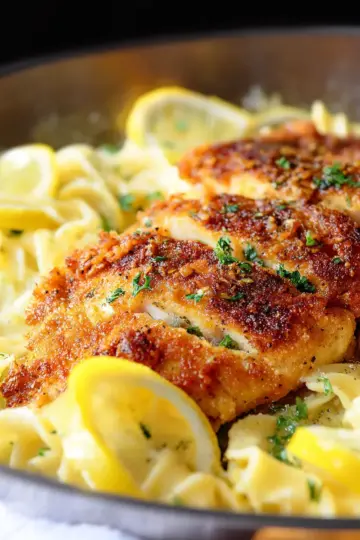 Romano Chicken with Lemon Garlic Pasta