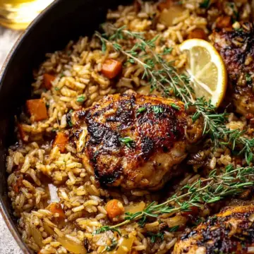 One Pot Lemon Rosemary Dijon Chicken and Butter Toasted Rice Pilaf.