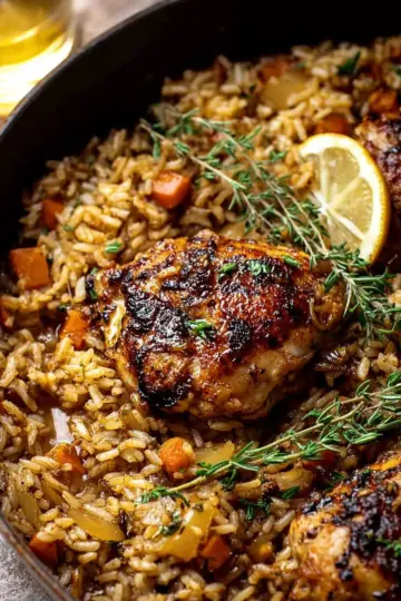 One Pot Lemon Rosemary Dijon Chicken and Butter Toasted Rice Pilaf.