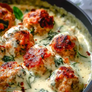 Baked Chicken Ricotta Meatballs with Spinach Alfredo Sauce