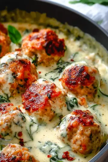 Baked Chicken Ricotta Meatballs with Spinach Alfredo Sauce