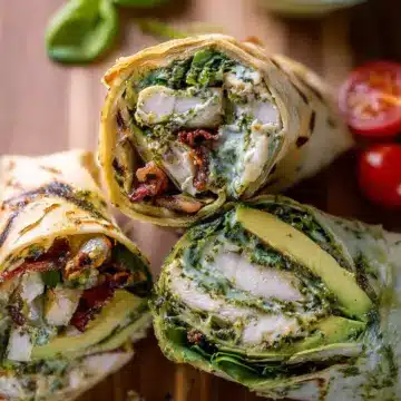 Pesto Chicken and Avocado Bacon Salad Wraps.