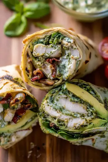 Pesto Chicken and Avocado Bacon Salad Wraps.
